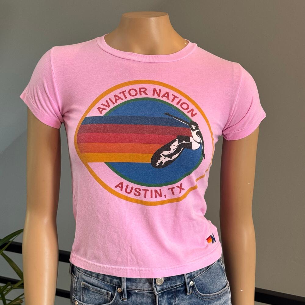 Aviator Nation Kids Austin Texas Rainbow Graphic Tee Neon Pink Size 8
